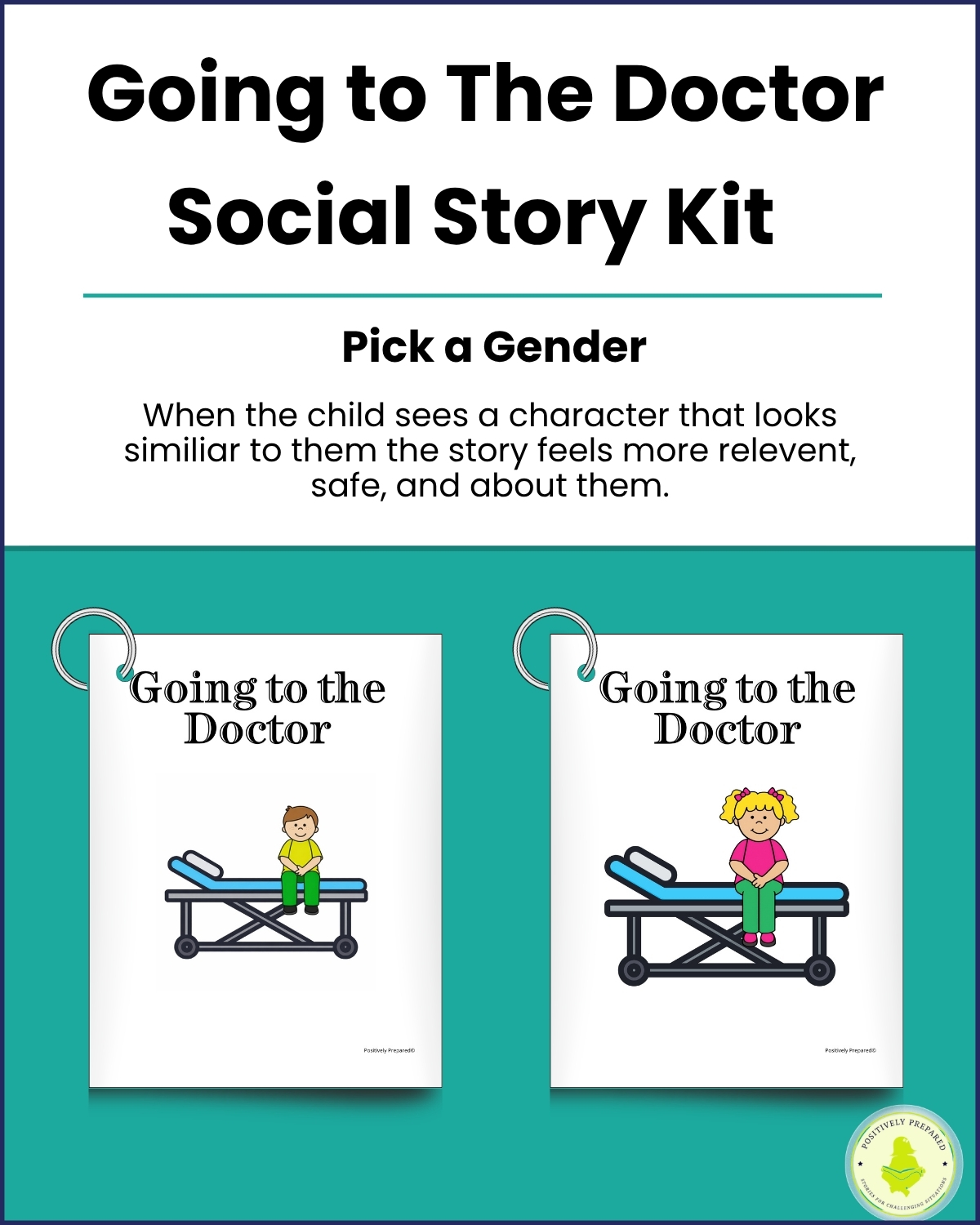 Going to the Doctor kit: the boy and girl versions of the story booklet, side by side